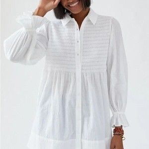Anthropologie Maeve White Smocked Tunic Buttondown Small